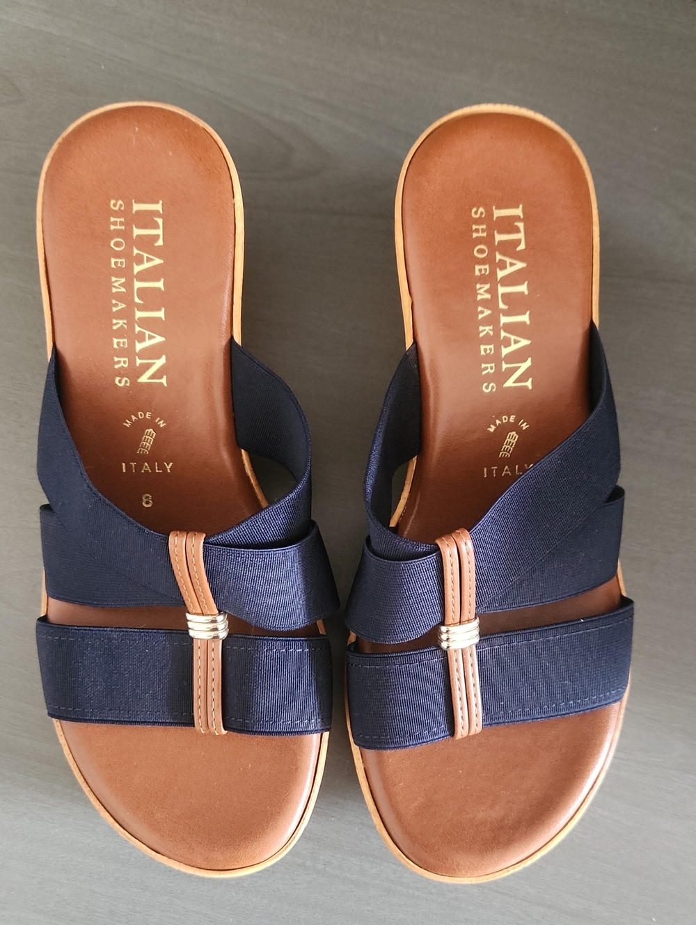 Italian Shoemakers Teddie Navy and Tan Slide Wedge Sandals Size 8